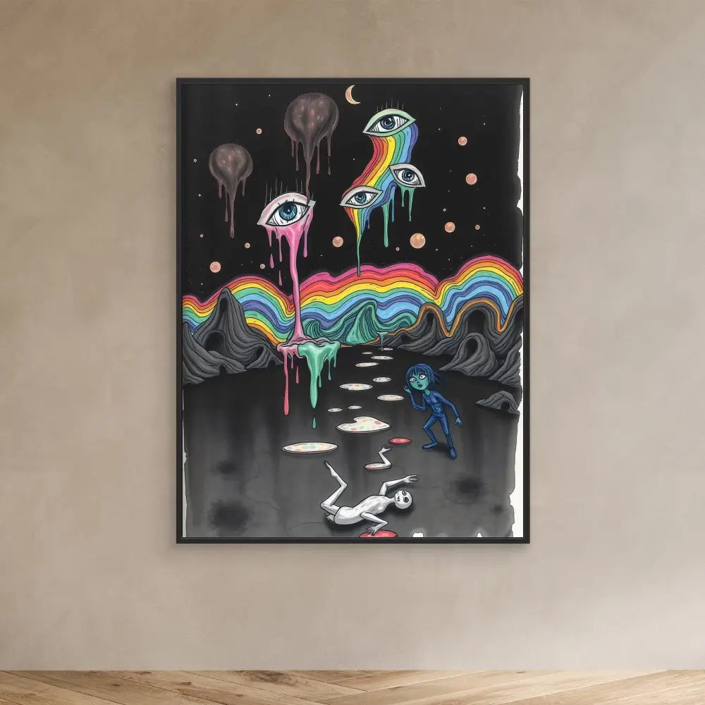 A surreal artwork featuring melting rainbows, floating eyes, and a falling figure against a dark cosmic backdrop.