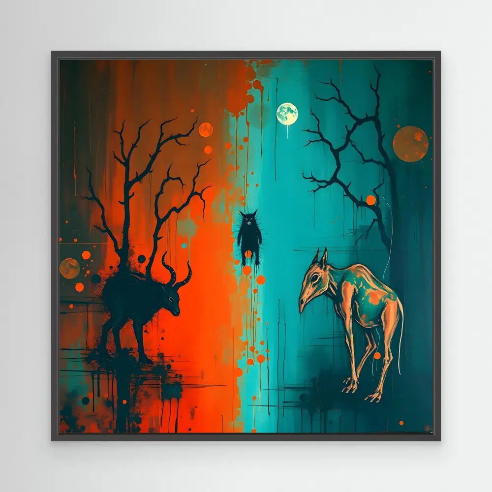 Surreal artwork depicting silhouetted animals against a split orange and teal background.