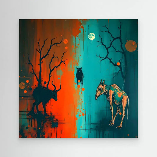 Surreal artwork depicting silhouetted animals against a split orange and teal background.