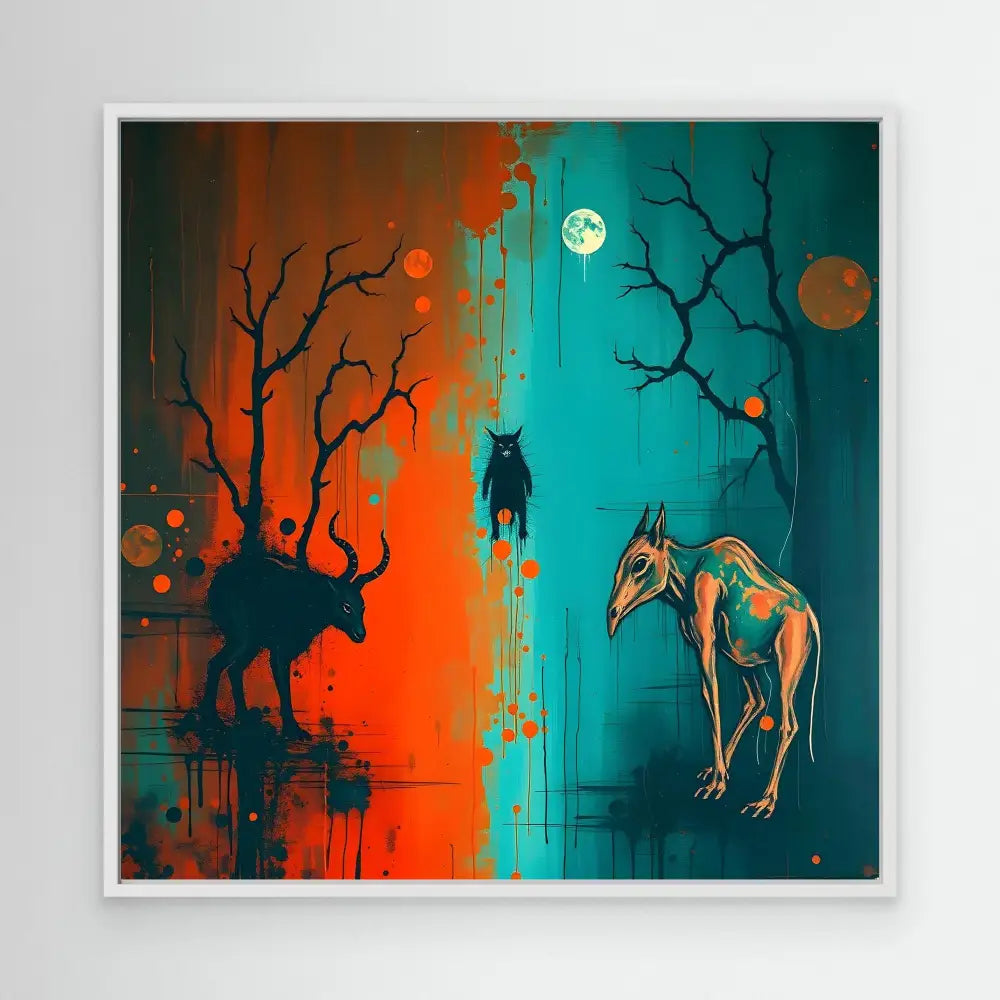 Surreal artwork depicting silhouetted animals against a split orange and turquoise backdrop.