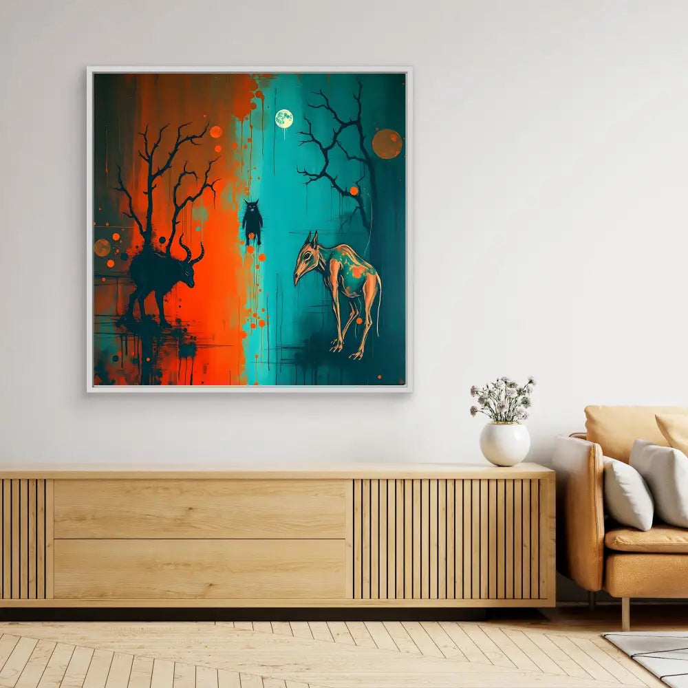 A surreal artwork featuring silhouettes of deer against a split orange and turquoise background with a full moon.