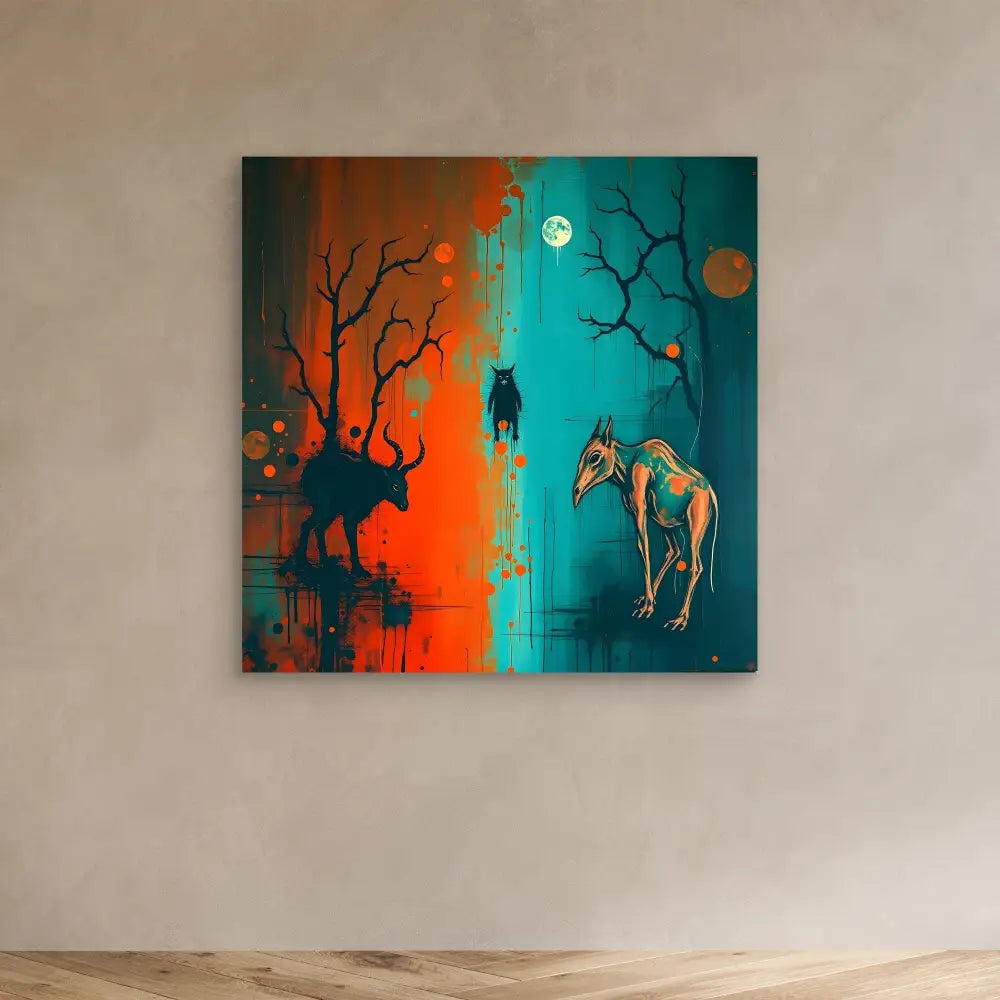 Surreal artwork depicting a split scene with a hanged figure and skeletal horse against contrasting orange and teal backgrounds.