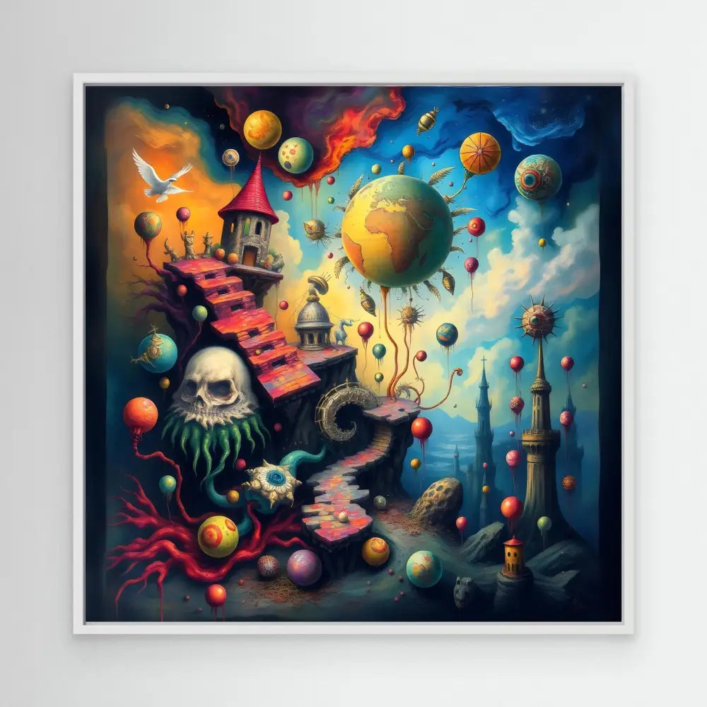 A surreal fantasy landscape with floating planets, a skull, winding stairs, and whimsical towers.