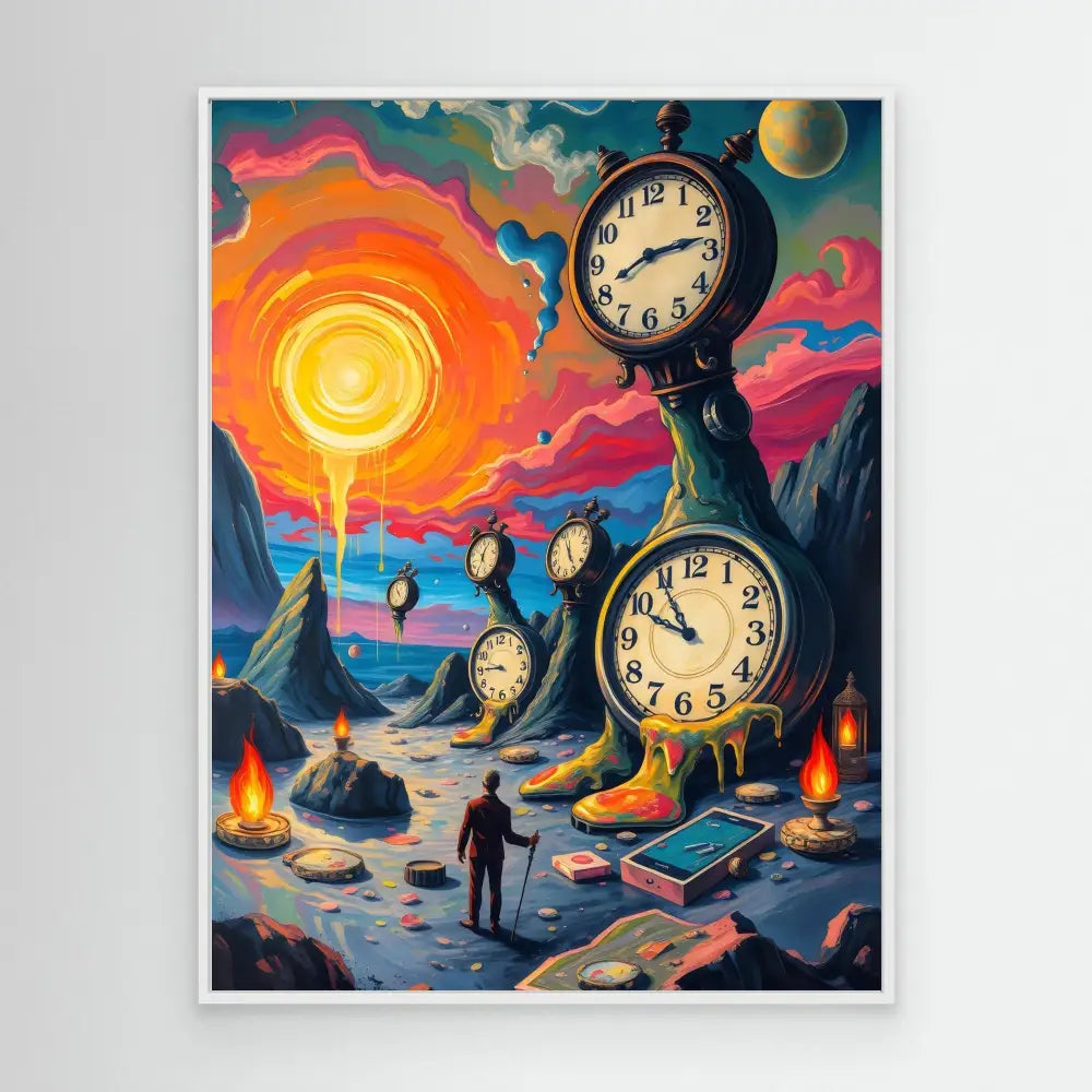 A surreal landscape with floating clocks against a vibrant sunset sky.