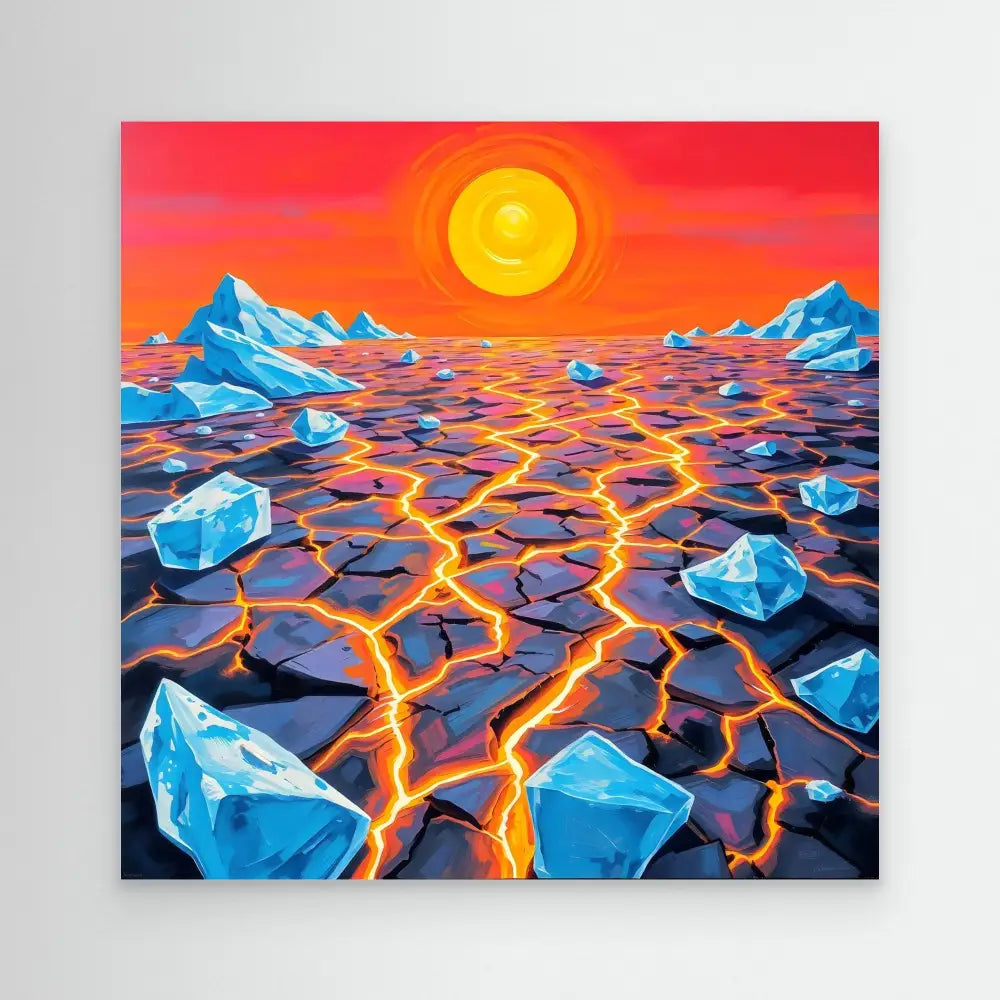 A surreal landscape of cracked ground with glowing lava between ice chunks beneath an orange sun.