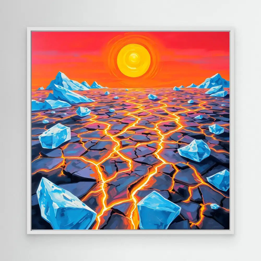 Surreal landscape painting featuring cracked ground with glowing lava between ice chunks under an orange sun.