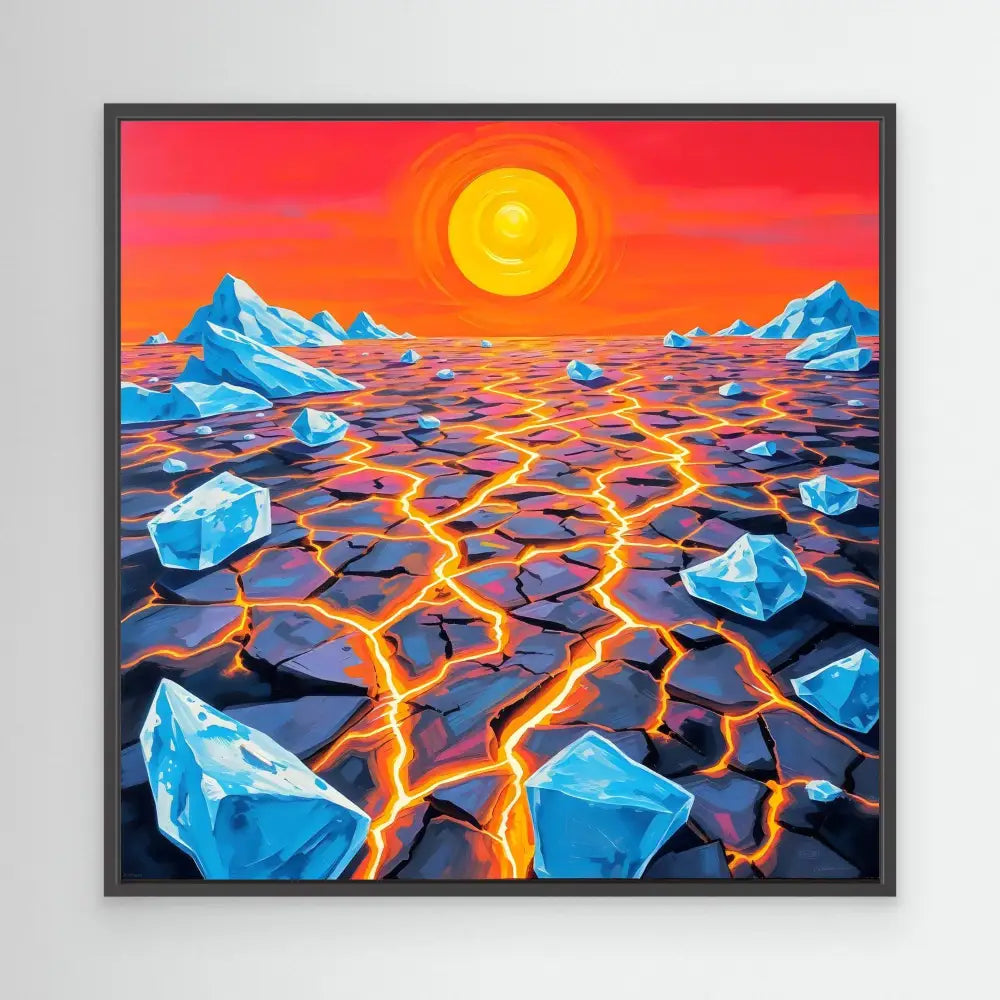 Surreal landscape painting featuring cracked ground with glowing lava between ice chunks under an orange sun.