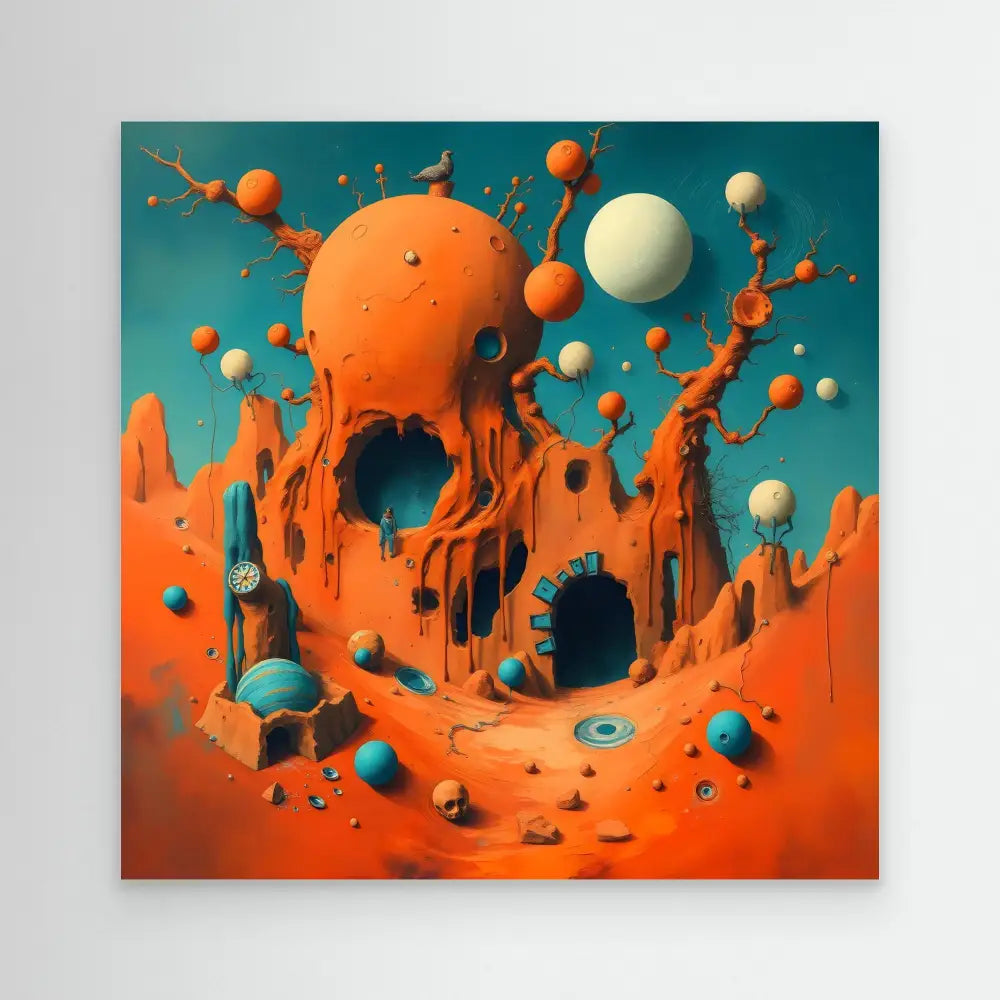 A surreal orange liquid splash formation with spherical orbs floating around it.