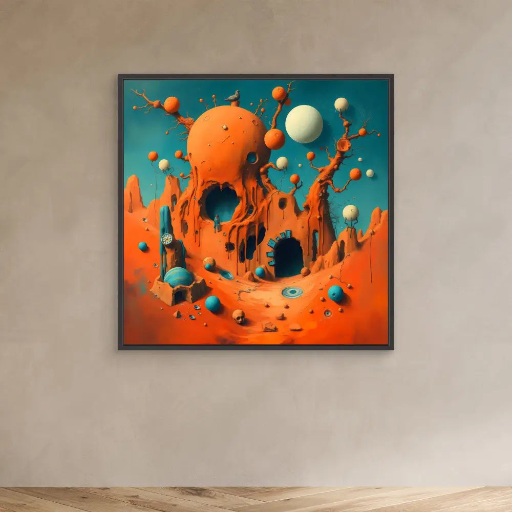 Surreal orange liquid splash formation with floating spheres and geometric shapes.