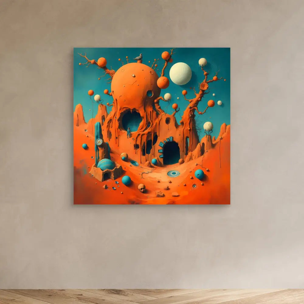 Surreal orange liquid splash with floating spheres and holes creating an abstract sculptural form.