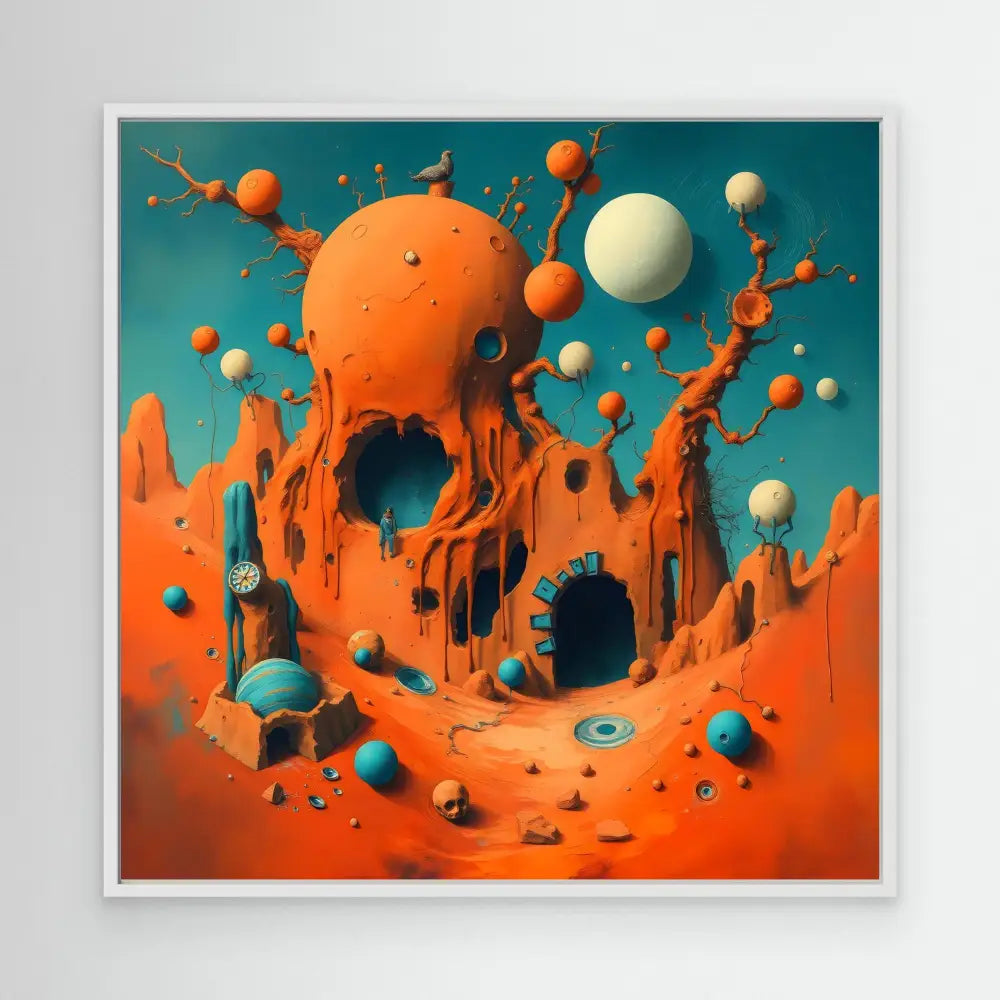 A surreal orange structure with spherical protrusions and cave-like openings drips and splashes upward.