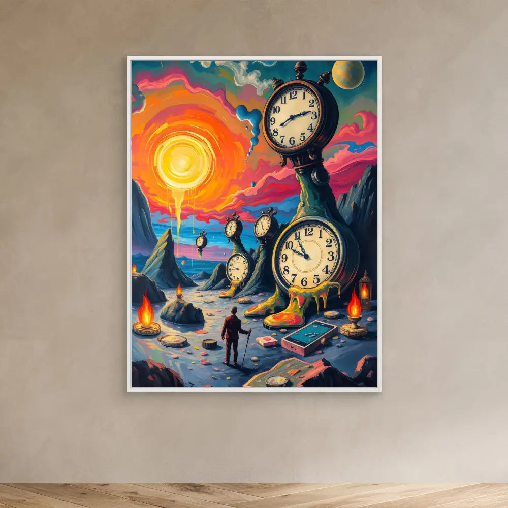 A surreal painting featuring giant clocks emerging from a colorful dreamlike landscape.