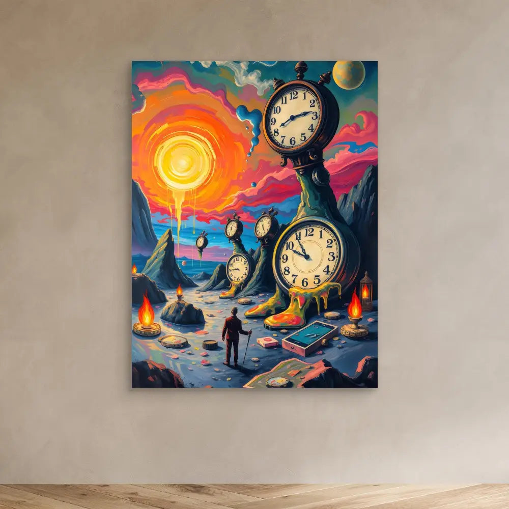 A surreal painting featuring giant clocks melting in a dreamlike landscape.