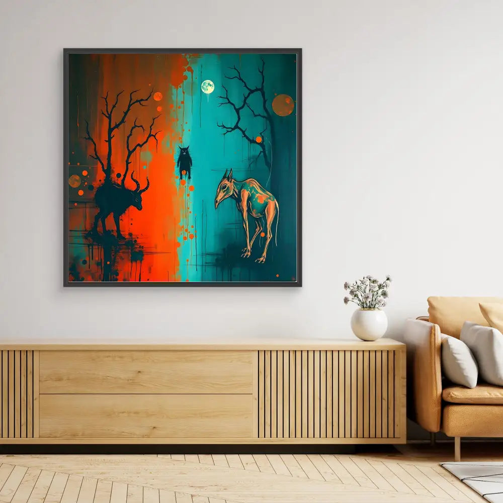 A surreal painting featuring silhouettes of animals against a split orange and turquoise background.