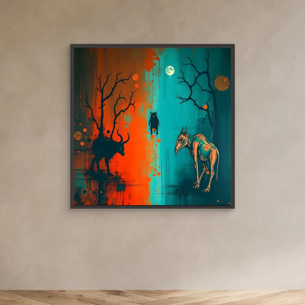 A surreal painting split between orange and teal colors featuring silhouettes of animals and a hanging owl.