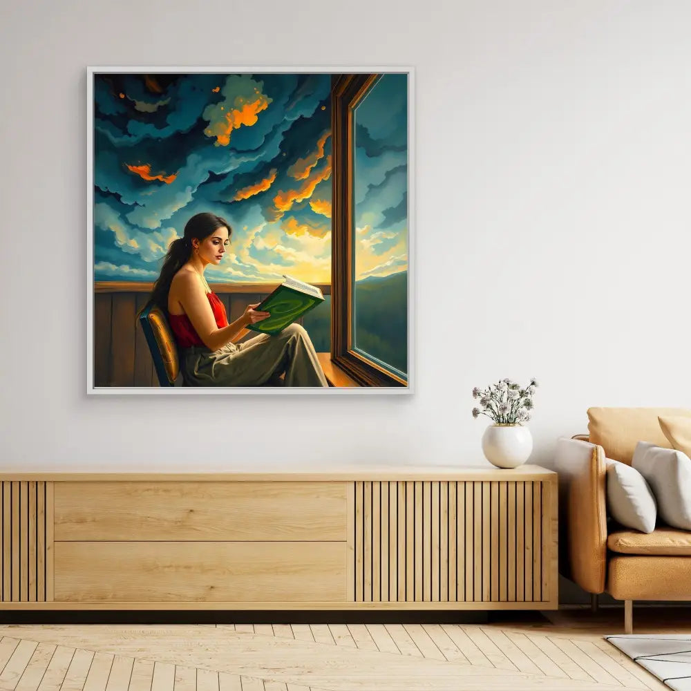 A surreal painting of someone reading by a window with golden fish swimming through a turquoise sky.