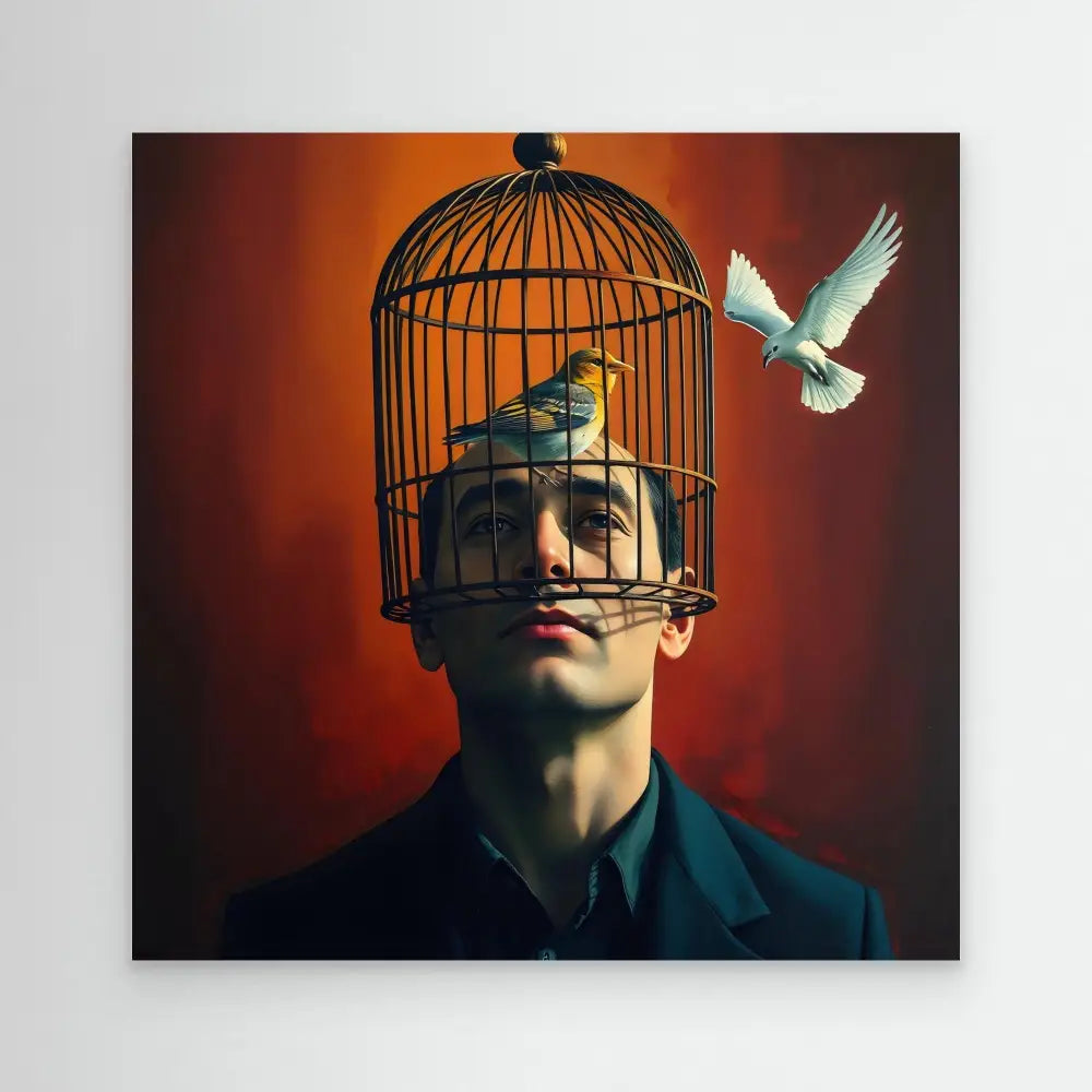 A surreal portrait featuring a birdcage replacing the upper portion of a head, with a white dove flying nearby.