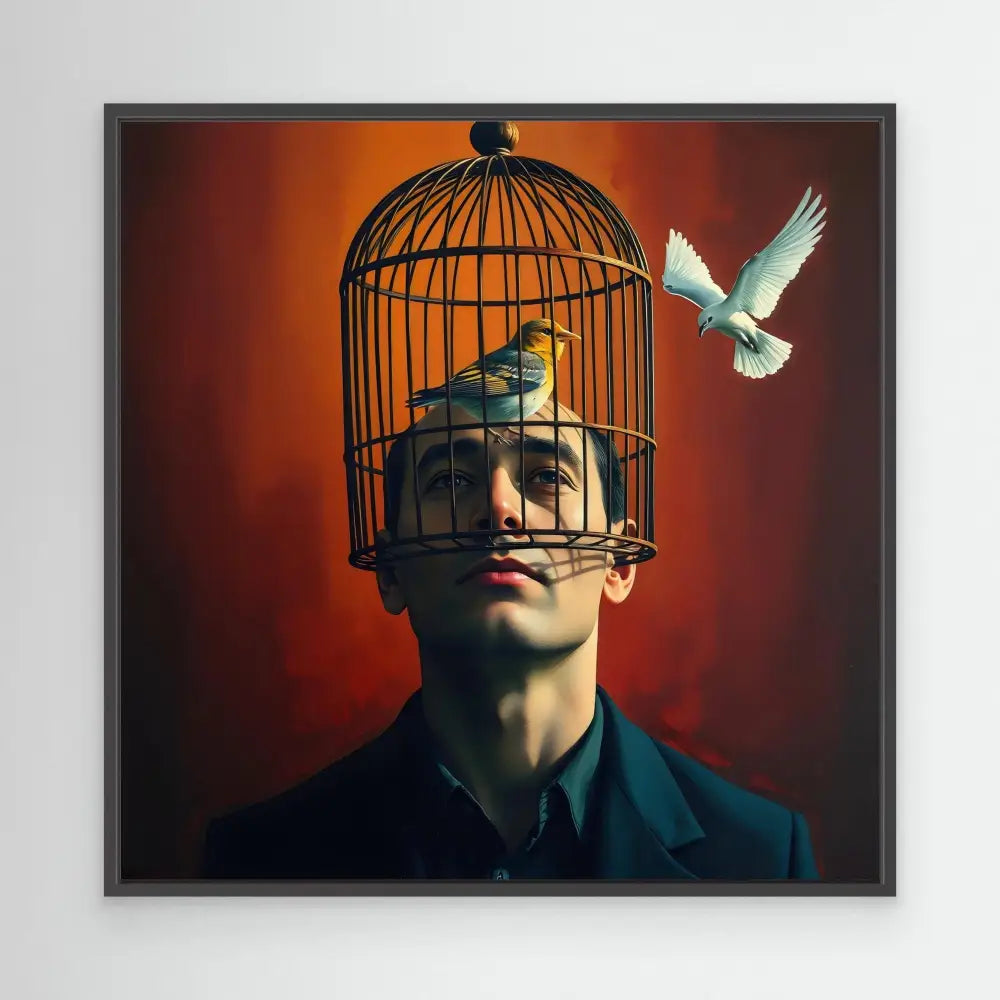 A surreal portrait showing a birdcage replacing the upper portion of a head, with a white dove flying nearby.