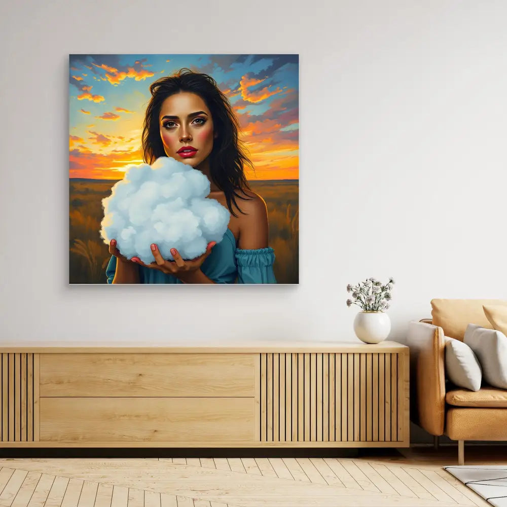 A striking surreal portrait featuring a person holding a fluffy white cloud against a sunset sky.