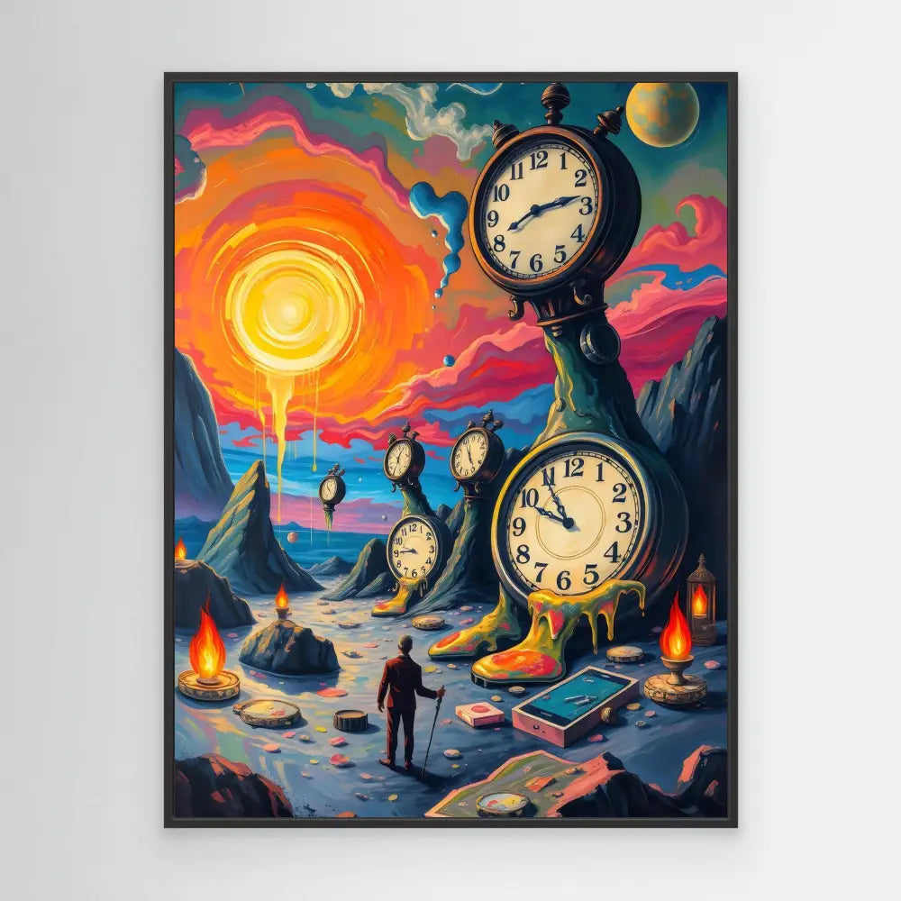 A surreal scene with floating clocks against a vibrant sunset sky.