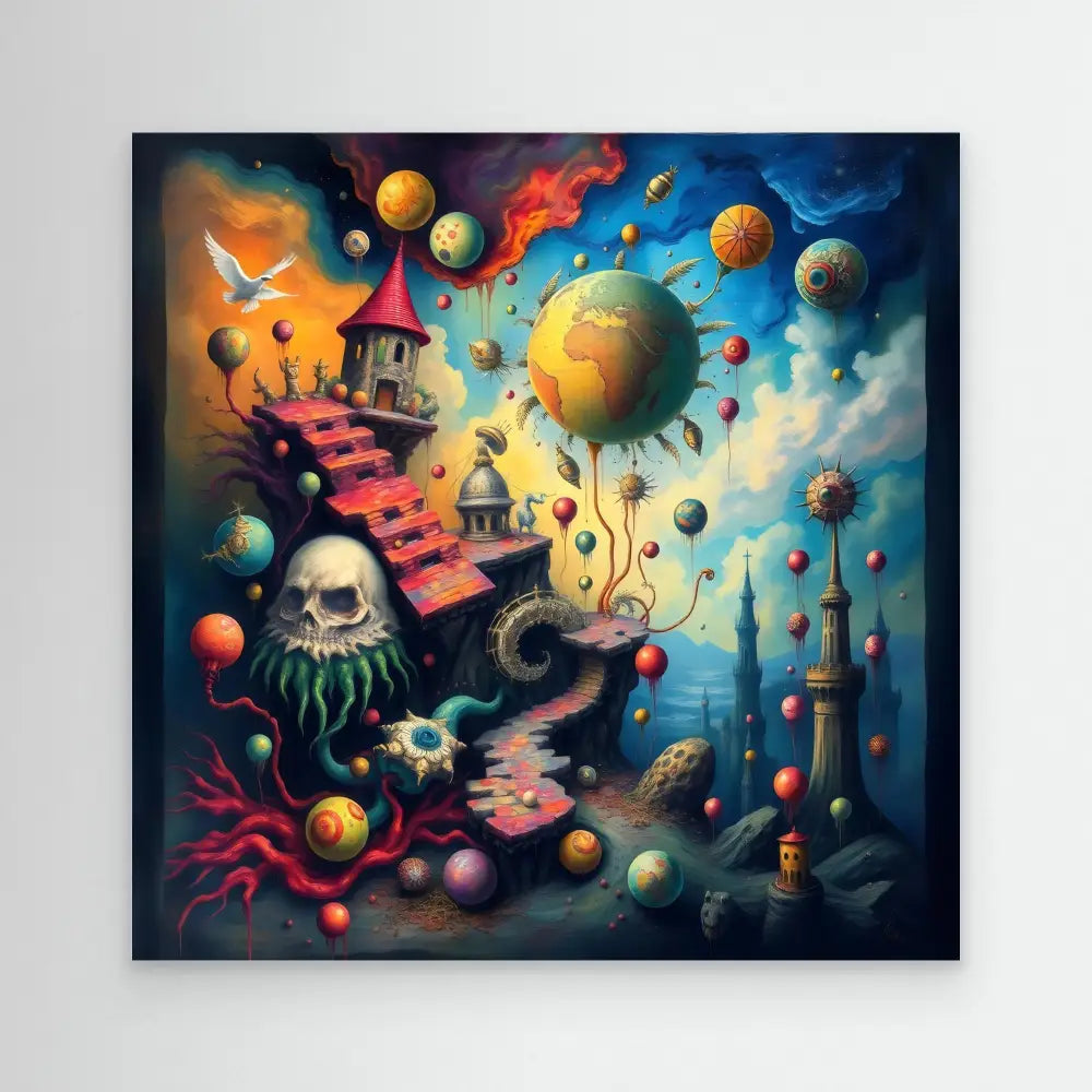 A surreal underwater skull with tentacles surrounded by floating planets and towers.