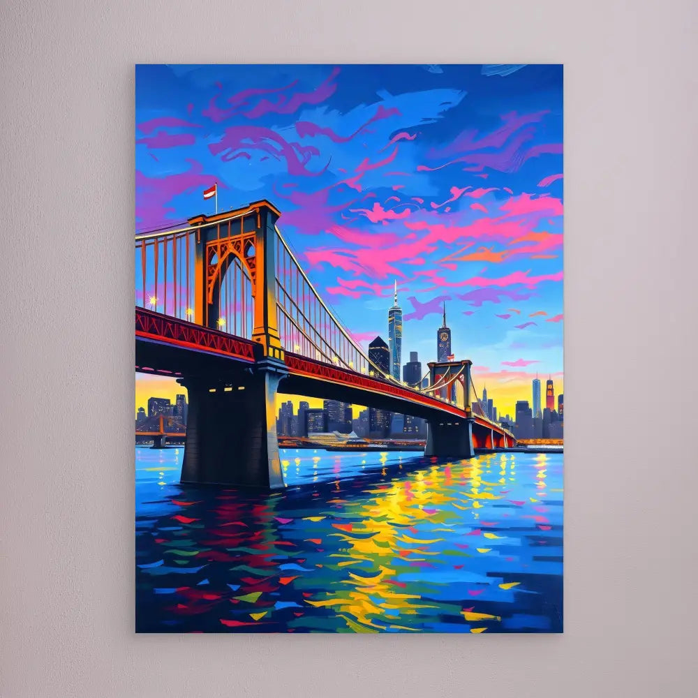 A suspension bridge spans across vibrant blue water under a pink and purple sunset sky.