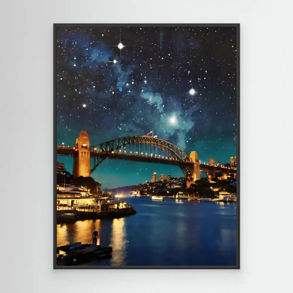 Sydney Harbour Bridge illuminated at night with golden lights.