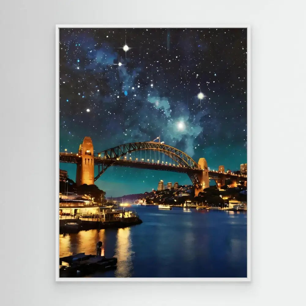 Sydney Harbour Bridge illuminated at night with a starry sky above.