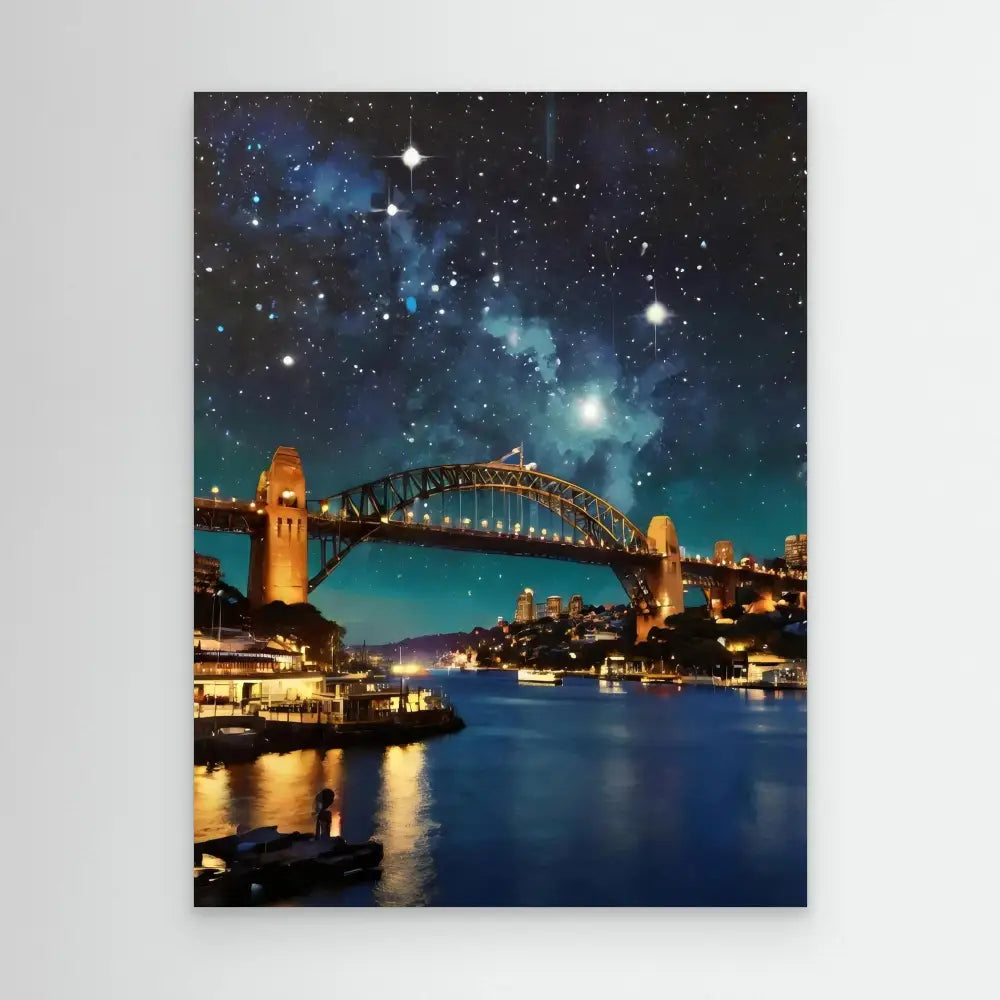 Sydney Harbour Bridge illuminated at night with its iconic arch spanning across calm waters.