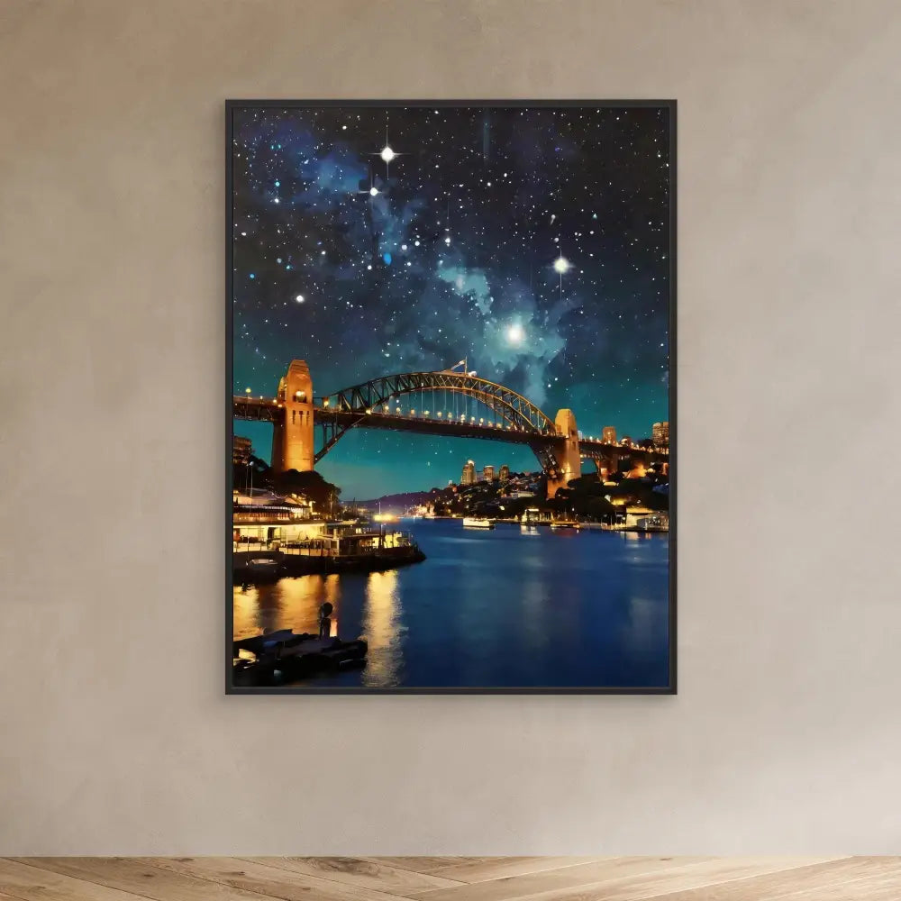 Sydney Harbour Bridge illuminated at night with a starry sky above.