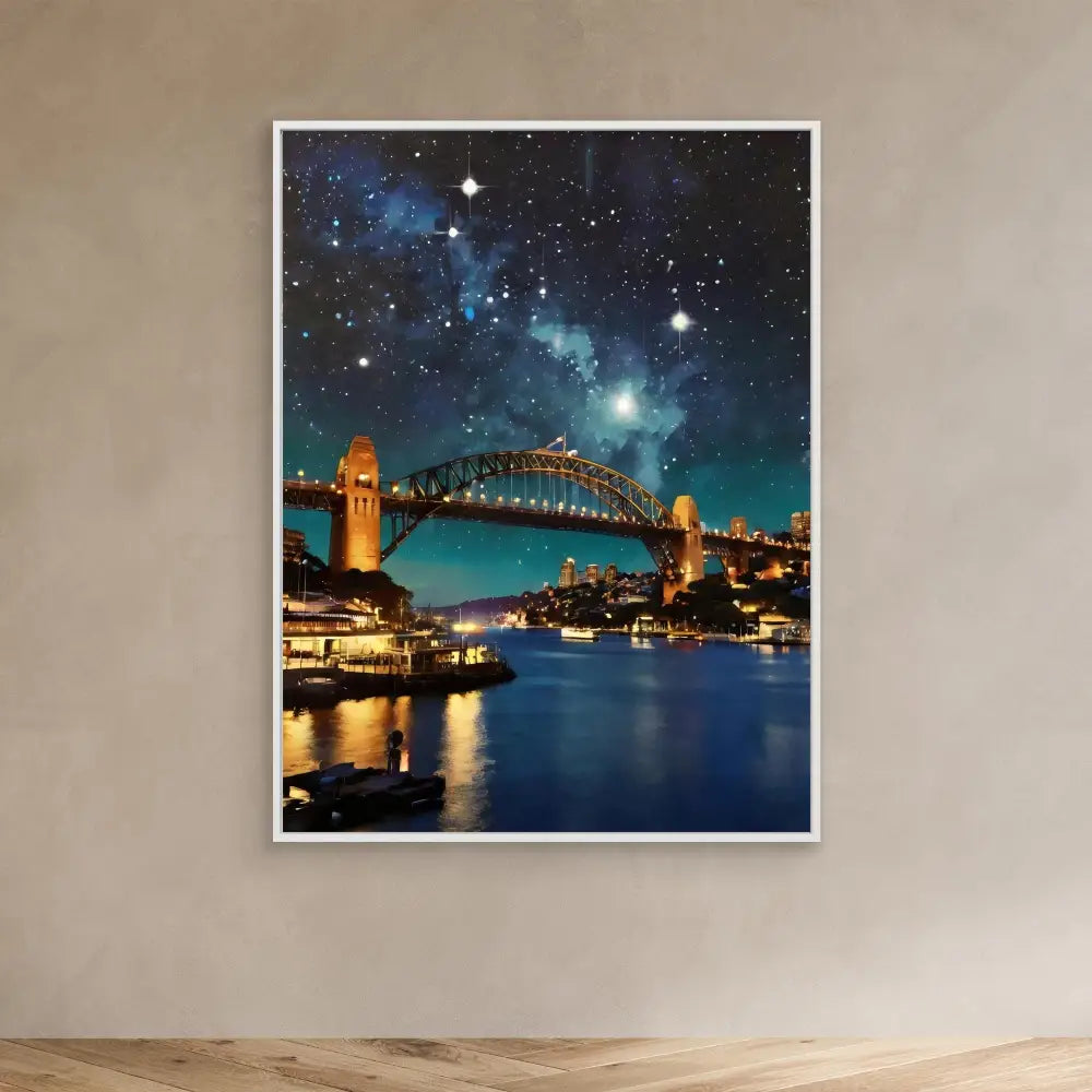 Sydney Harbour Bridge illuminated at night under a starry sky.