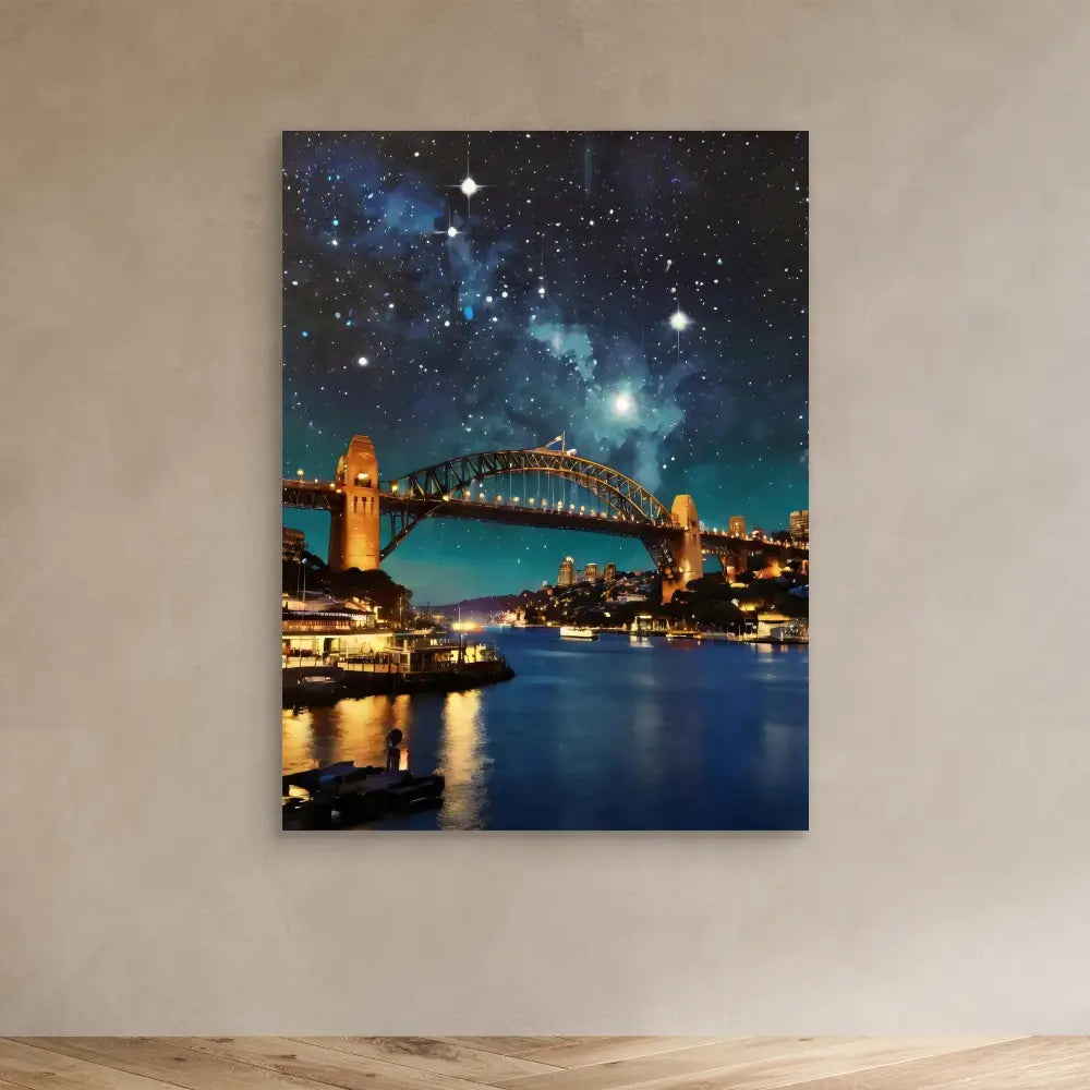 Sydney Harbour Bridge illuminated at night with a starry sky above.