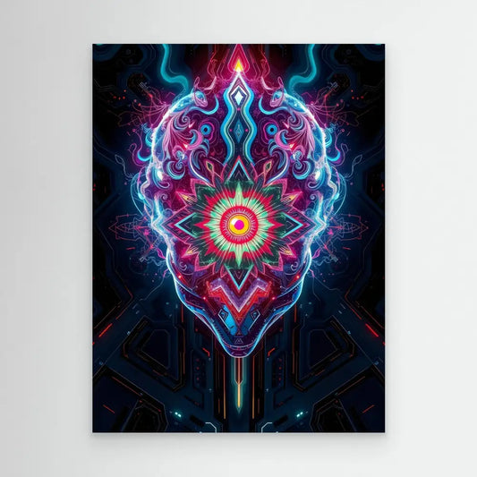 A symmetrical neon mandala design with pink, blue and red glowing patterns radiating from a central orange core.