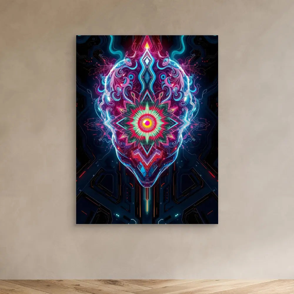 A symmetrical psychedelic mandala design with glowing blue and pink energy patterns radiating from a central orange core.