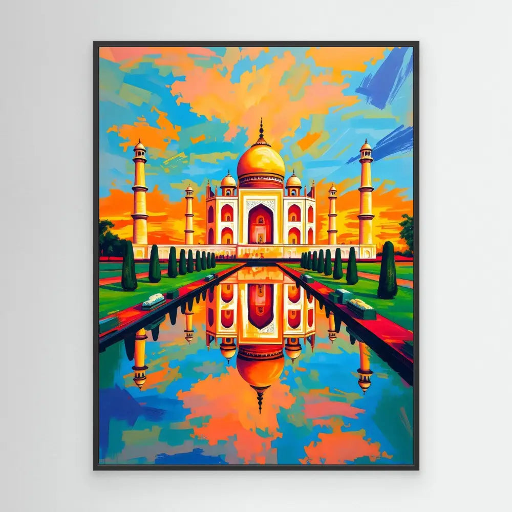 Taj Mahal with its reflection in a water pool, painted in vibrant orange, blue and green colors.