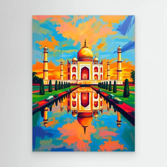 Taj Mahal with its reflection in a water pool painted in vibrant, colorful style.