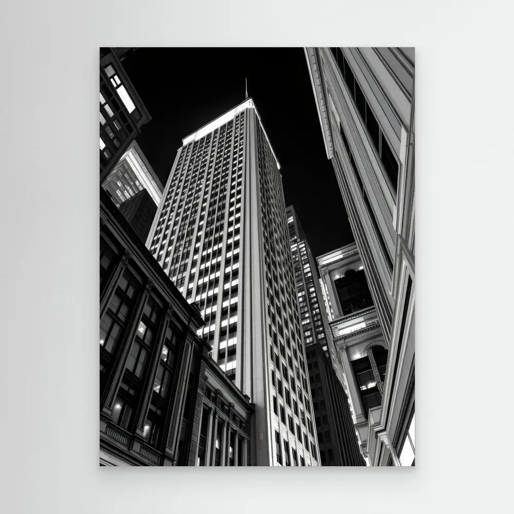 Tall skyscraper photographed from below in dramatic black and white.