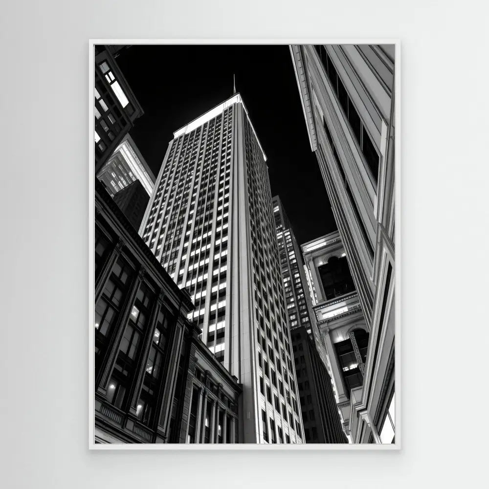 Tall skyscraper photographed from a dramatic upward angle in black and white.