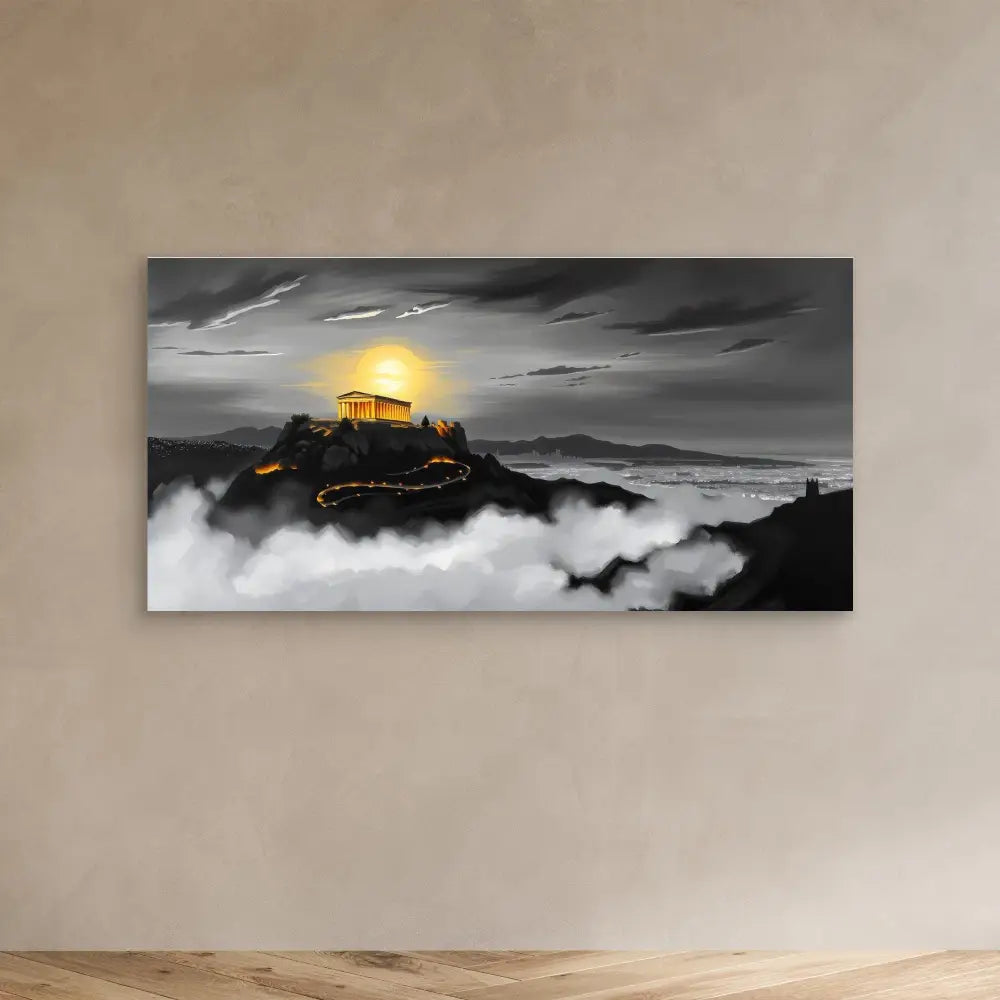 A glowing temple perched atop a misty mountain peak.