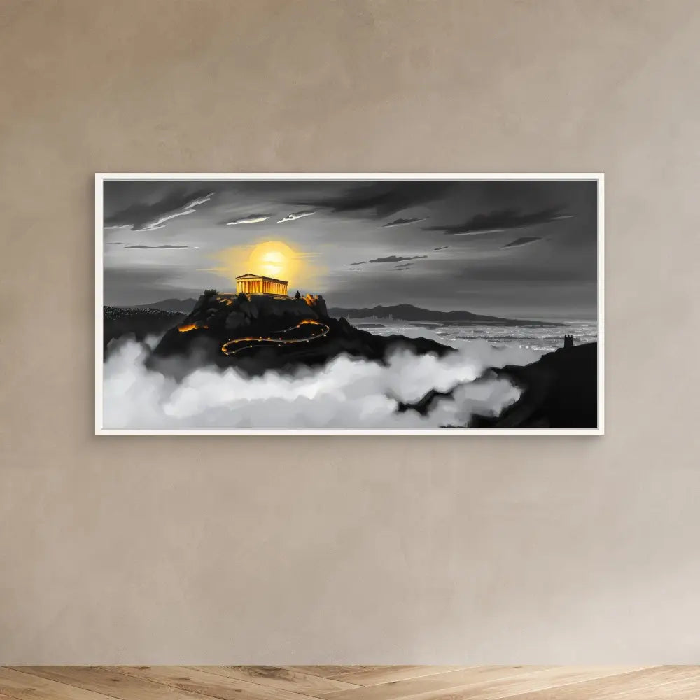 Glowing temple perched atop a misty mountain peak.