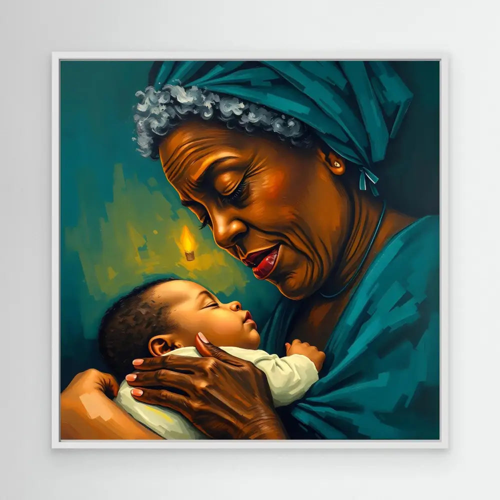 A tender moment between a grandmother and baby wrapped in warm turquoise fabric.