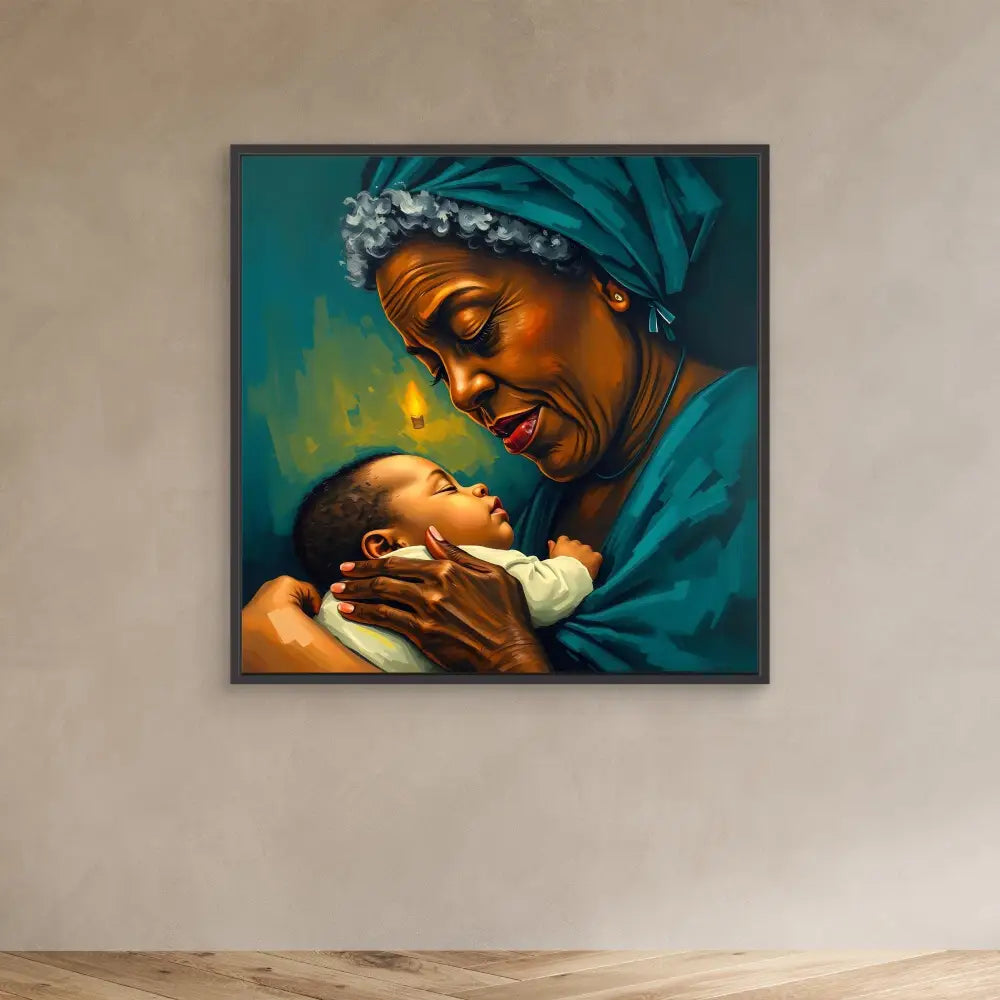 A tender painting depicting a loving moment between a grandmother and baby in turquoise tones.