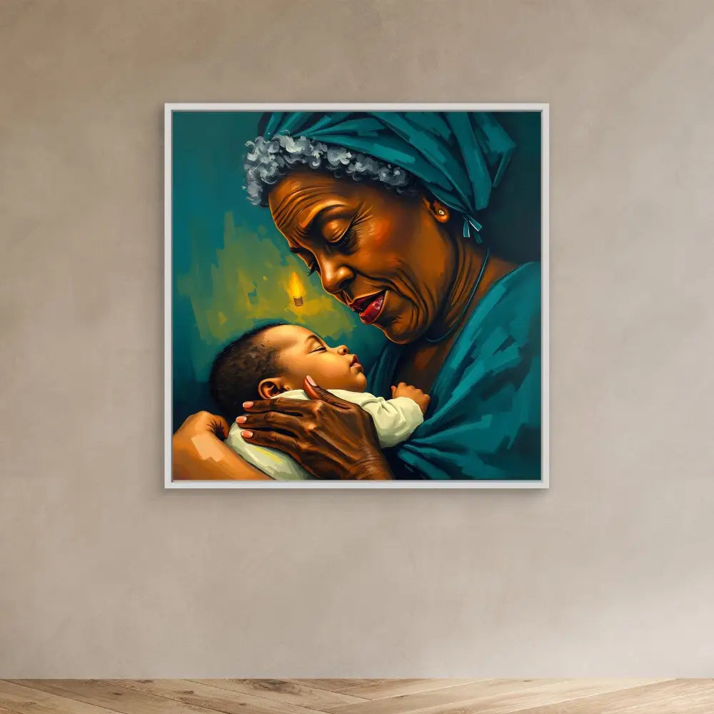 A tender portrait of a grandmother in a teal headwrap lovingly holding a baby.