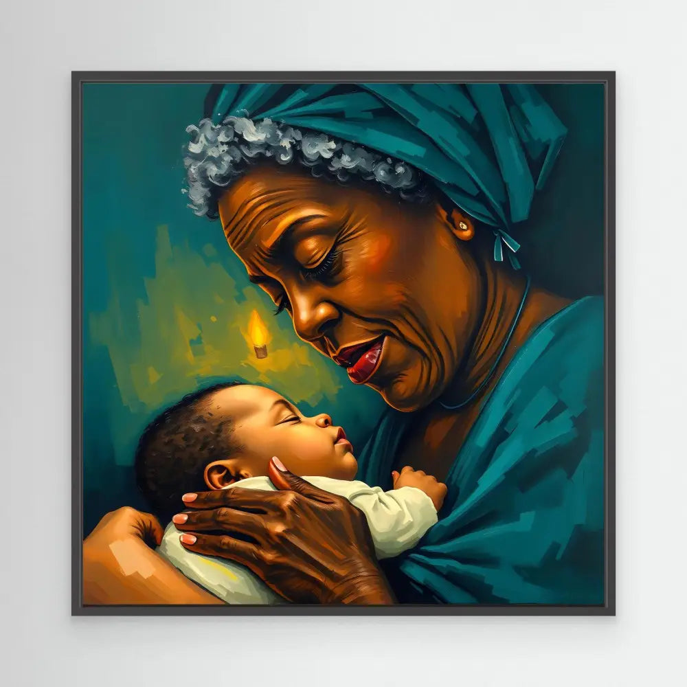 A tender portrait of a grandmother in a turquoise headwrap lovingly holding a baby.