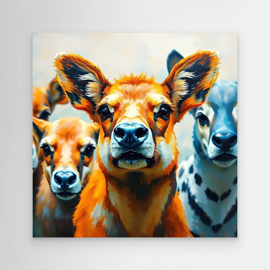 Three colorful deer faces in vibrant orange and blue tones painted in an artistic style.