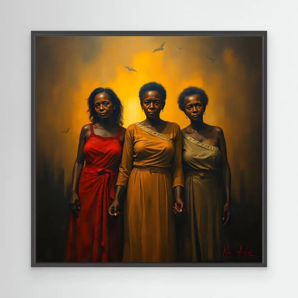 Three figures in elegant draped dresses stand together against a golden glow.