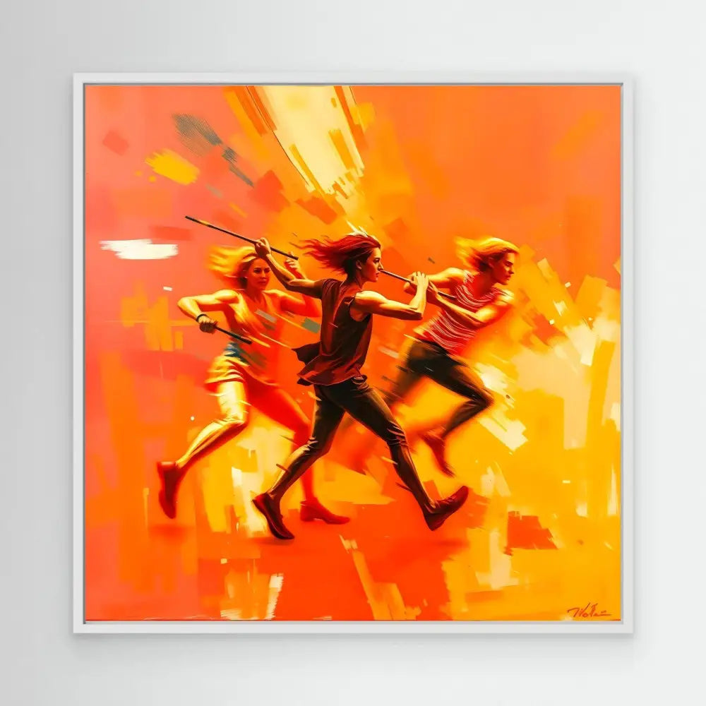 Three silhouetted figures running dynamically against a fiery orange backdrop.