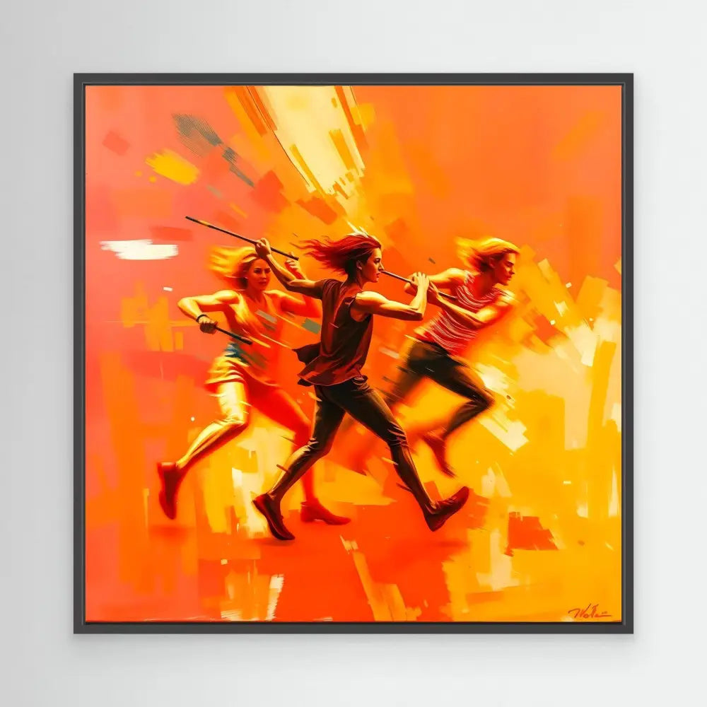 Three silhouetted figures running dynamically against a vibrant orange backdrop.