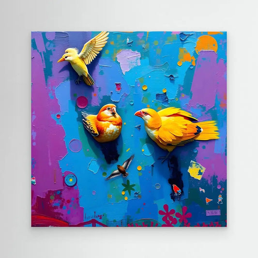 Three vibrant yellow birds in flight against colorful abstract artwork.