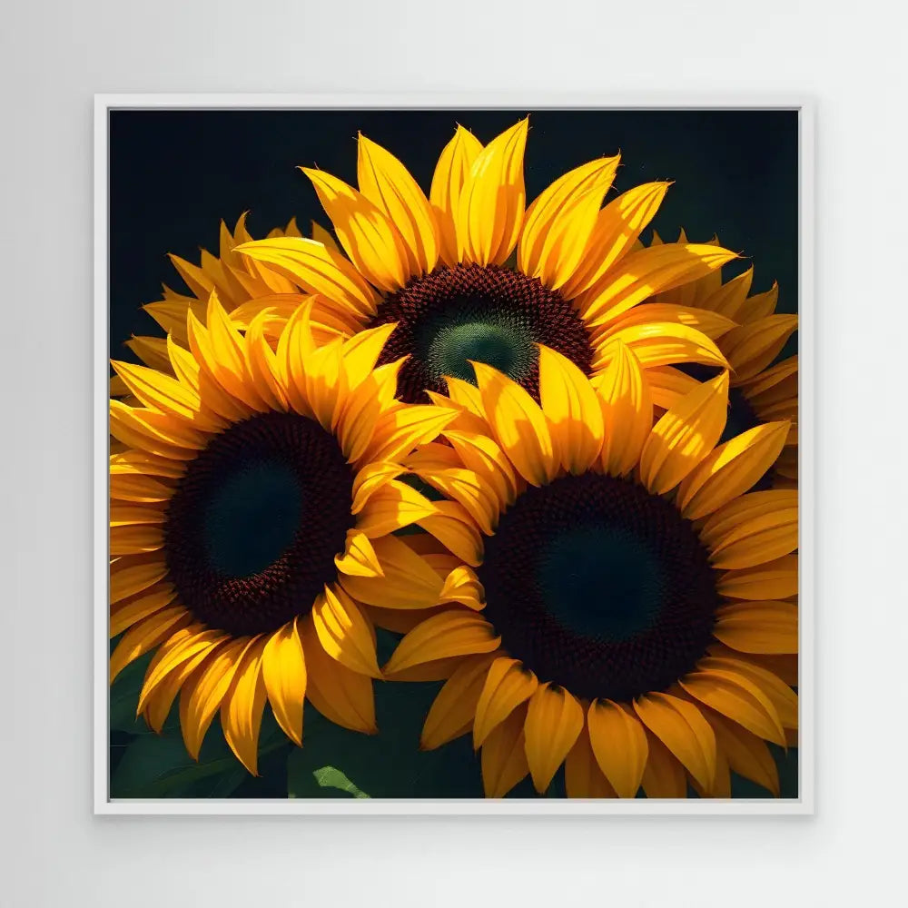 Three vibrant yellow sunflowers with dark brown centers.